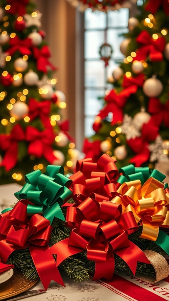 A festive Christmas background with colorful bows and holiday decorations.